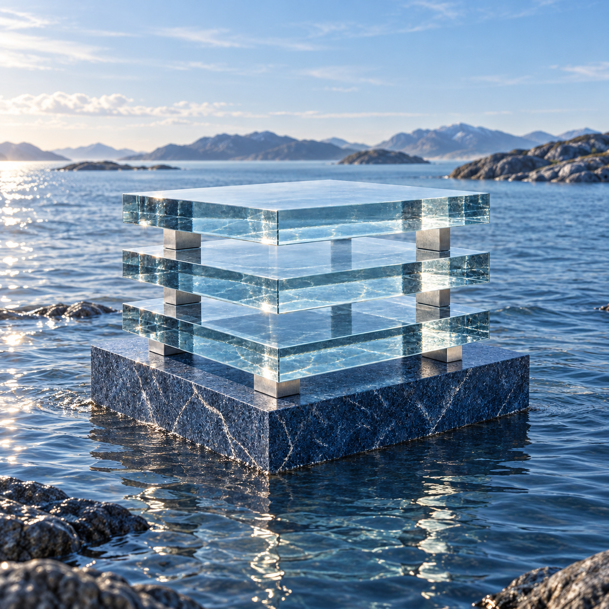 Precisely aligned translucent glass planes above a cobalt stone foundation
