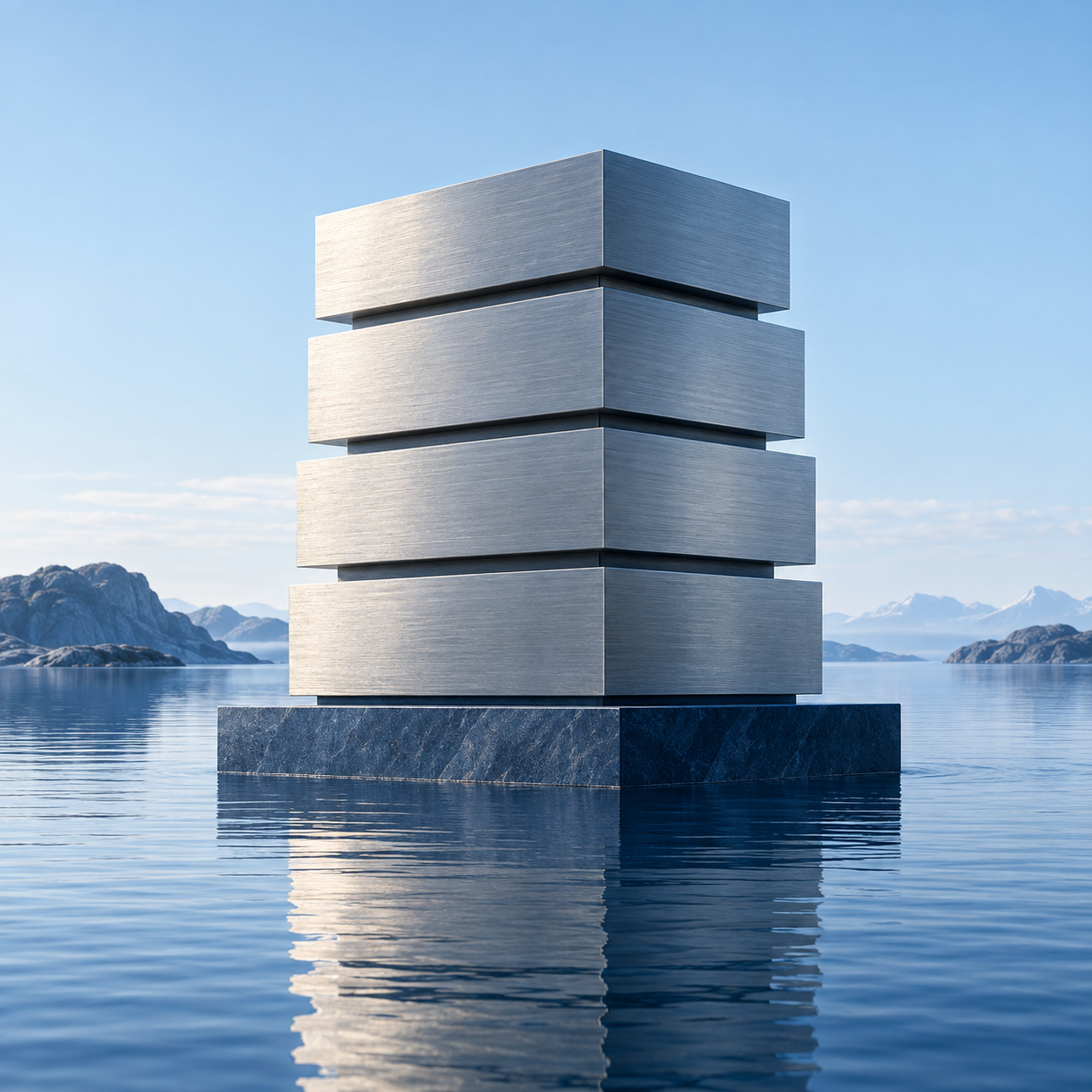 Layered silver architectural forms rising over still cobalt water