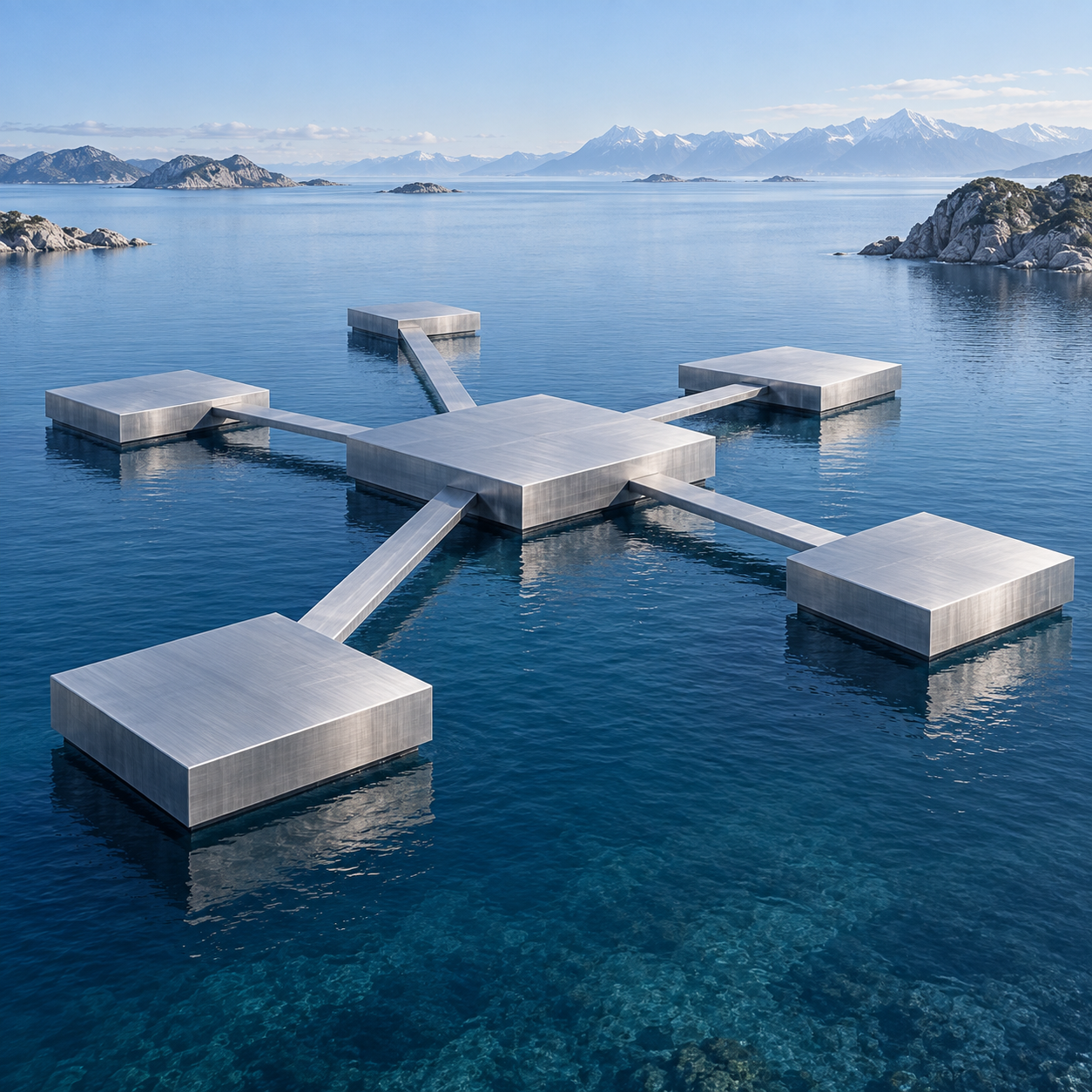 Silver geometric islands connected by fine bridges across deep blue water